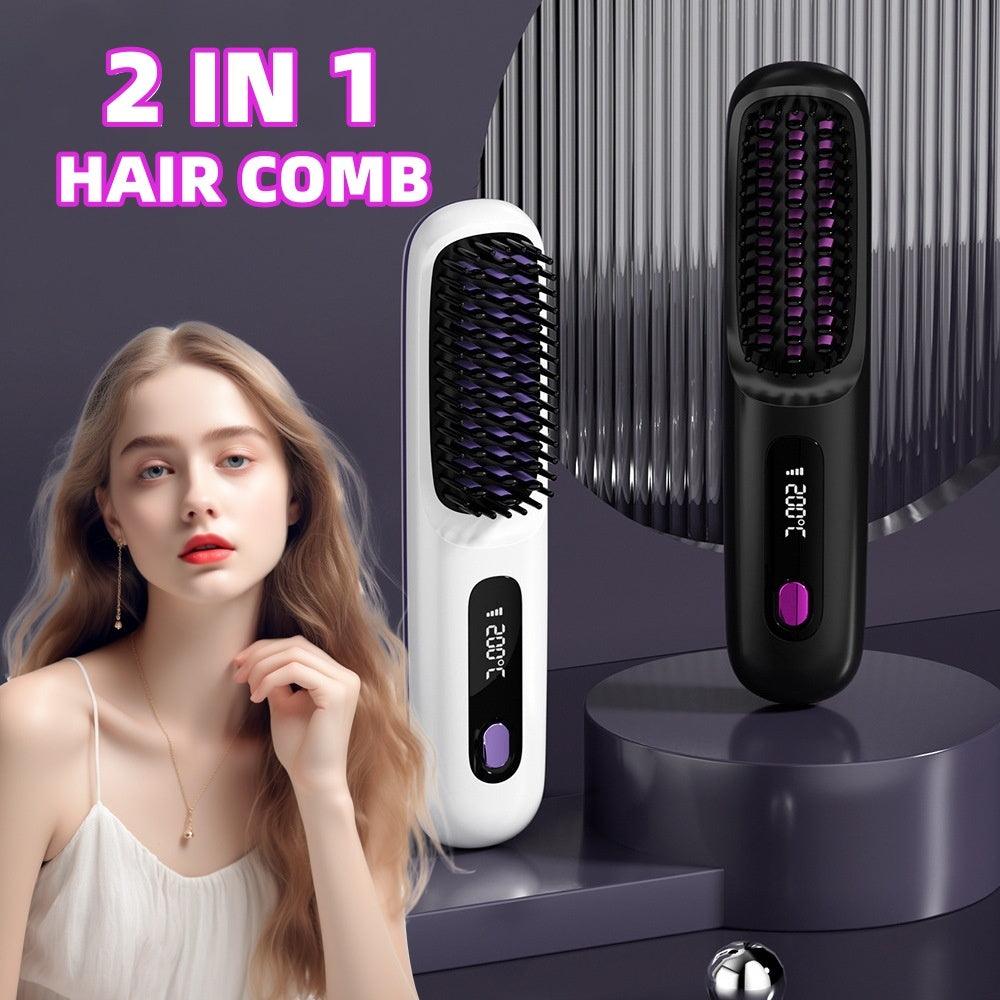 2 In 1 Straight Hair Comb Wireless Hair Straightener Brush Hair Fast Heating Portable Hot Curler USB Charging - fadidesign