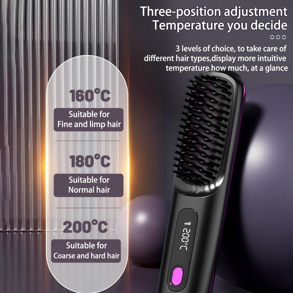 2 In 1 Straight Hair Comb Wireless Hair Straightener Brush Hair Fast Heating Portable Hot Curler USB Charging - fadidesign