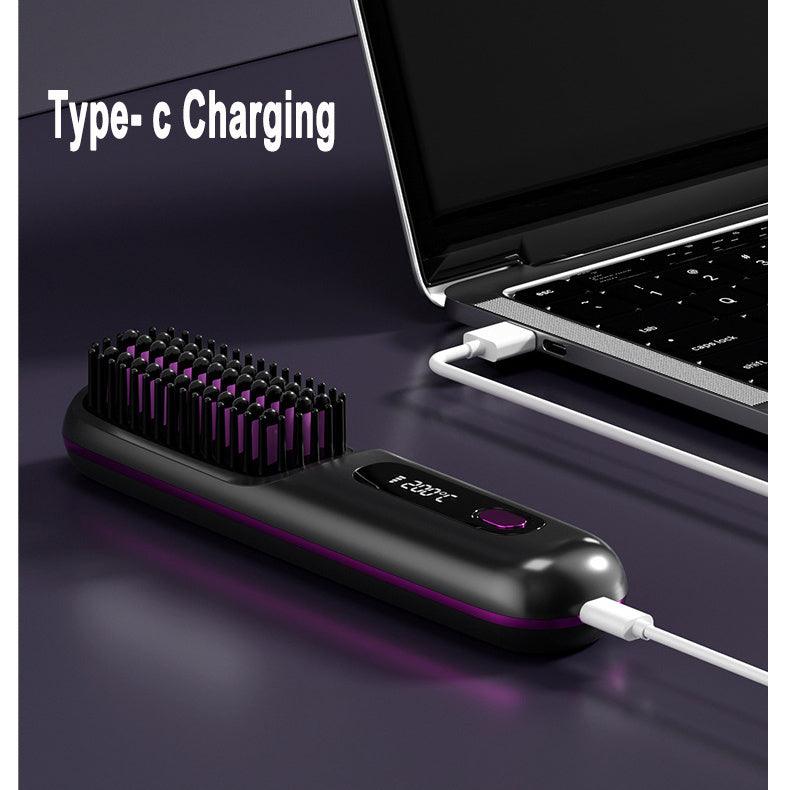 2 In 1 Straight Hair Comb Wireless Hair Straightener Brush Hair Fast Heating Portable Hot Curler USB Charging - fadidesign