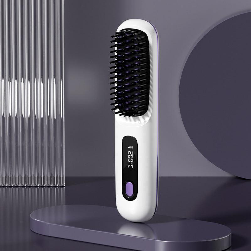 2 In 1 Straight Hair Comb Wireless Hair Straightener Brush Hair Fast Heating Portable Hot Curler USB Charging - fadidesign