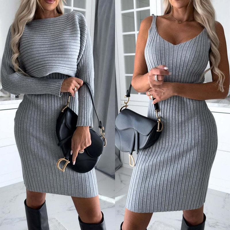 2pcs Suit Women's Solid Stripe Long-sleeved Top And Tight Suspender Skirt Fashion Autumn Winter Slim Clothing - fadidesign