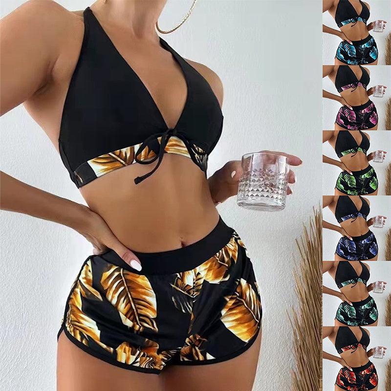 3pcs Leaf Print Bikini With Shorts Fashion Summer Beach Swimsuit Womens Clothing - fadidesign