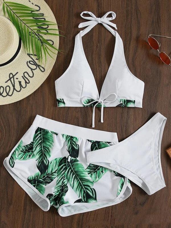 3pcs Leaf Print Bikini With Shorts Fashion Summer Beach Swimsuit Womens Clothing - fadidesign