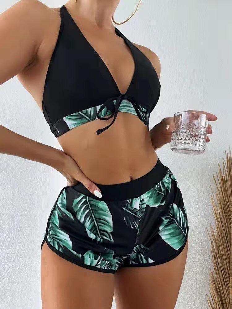 3pcs Leaf Print Bikini With Shorts Fashion Summer Beach Swimsuit Womens Clothing - fadidesign