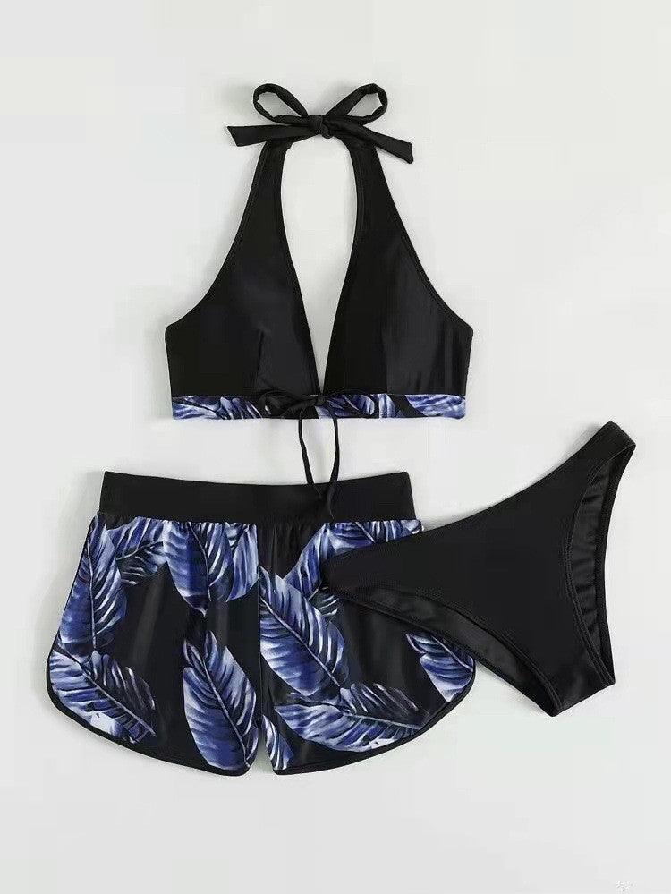 3pcs Leaf Print Bikini With Shorts Fashion Summer Beach Swimsuit Womens Clothing - fadidesign