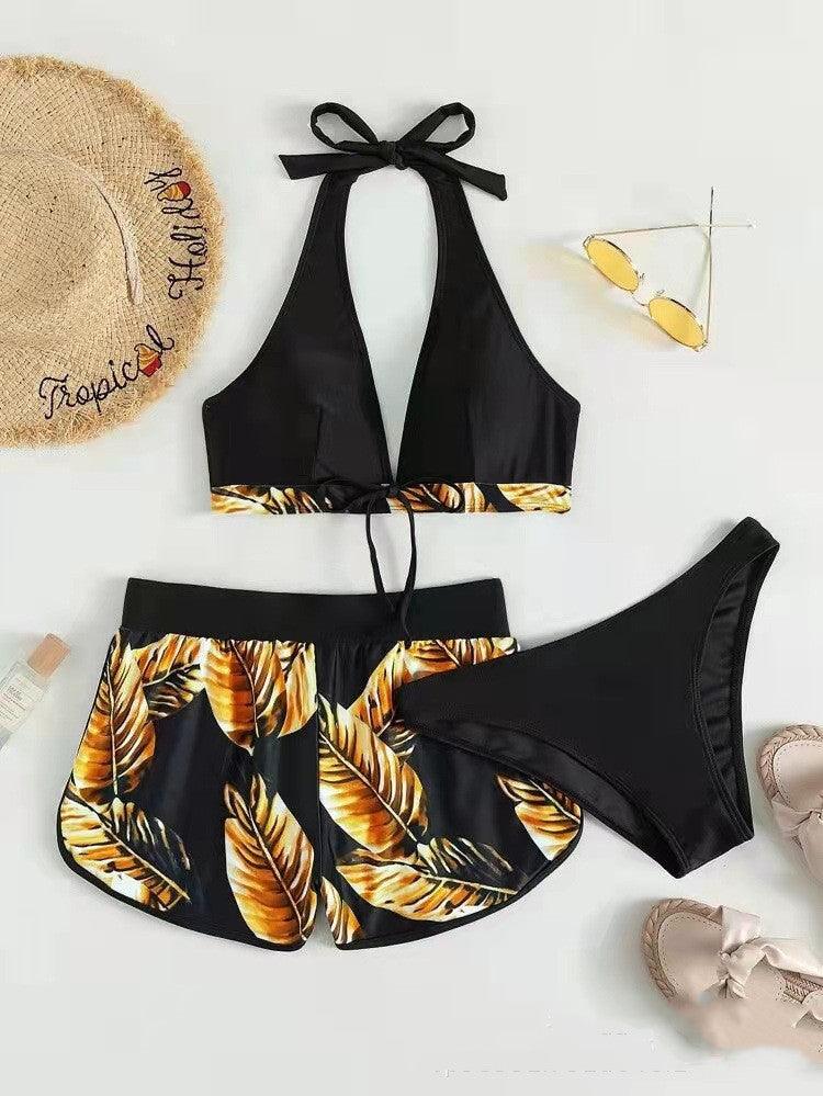 3pcs Leaf Print Bikini With Shorts Fashion Summer Beach Swimsuit Womens Clothing - fadidesign