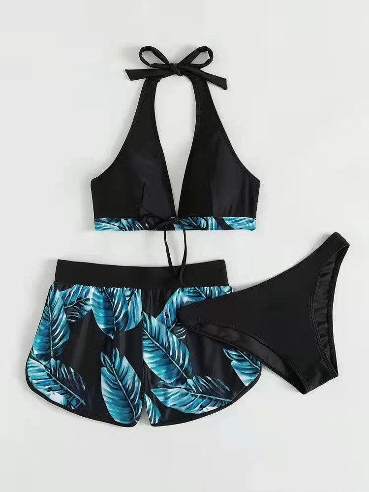 3pcs Leaf Print Bikini With Shorts Fashion Summer Beach Swimsuit Womens Clothing - fadidesign