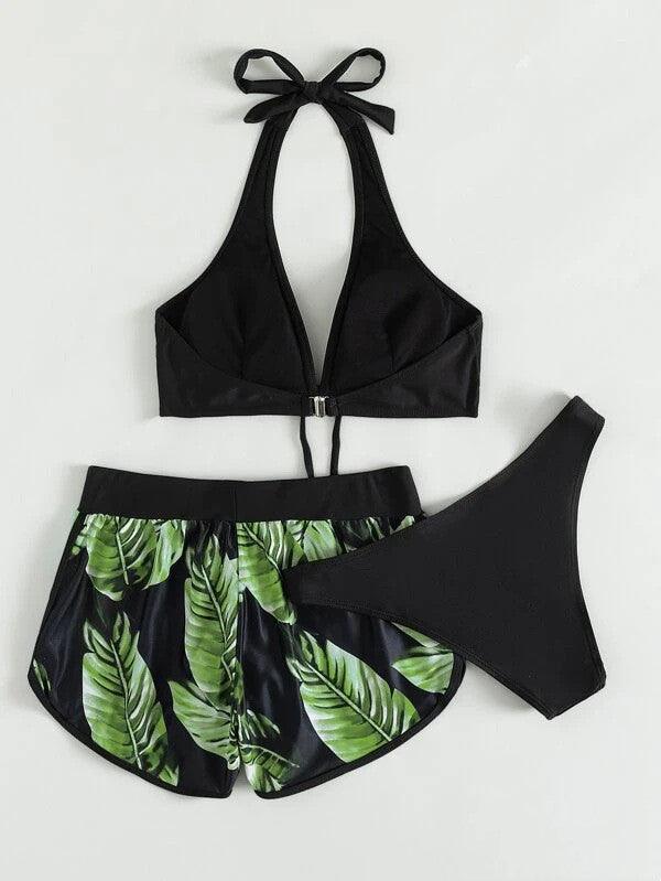 3pcs Leaf Print Bikini With Shorts Fashion Summer Beach Swimsuit Womens Clothing - fadidesign