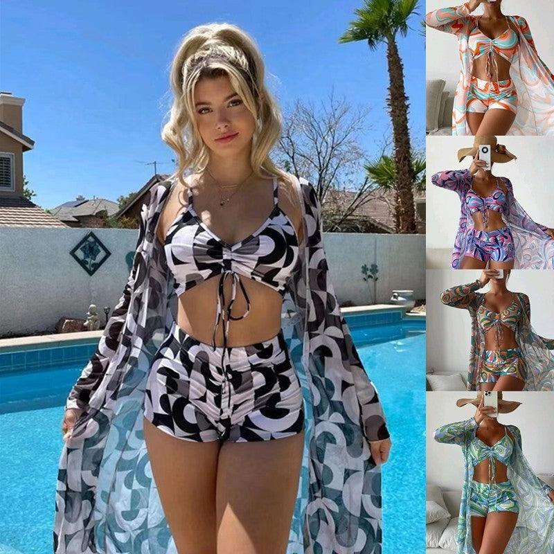 3pcs Pring Bikini With Long Sleeve Cardigan Fashion Summer Beach Swimsuit Women - fadidesign