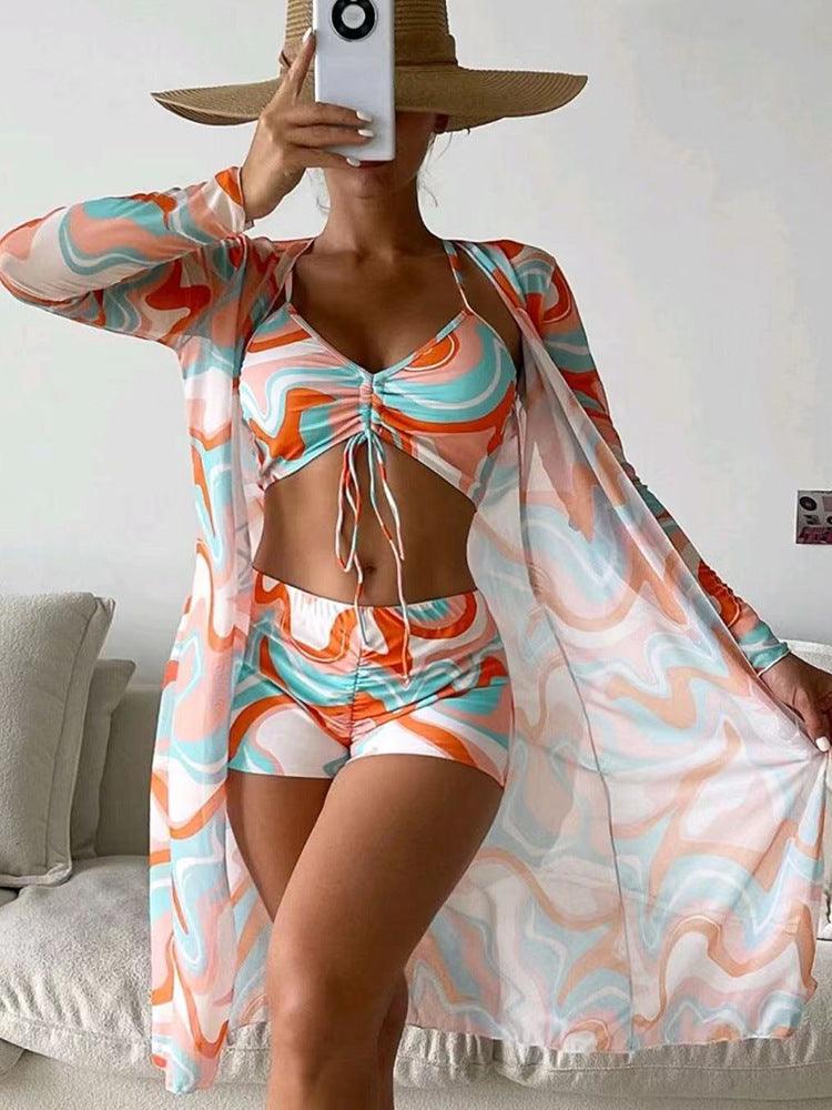 3pcs Pring Bikini With Long Sleeve Cardigan Fashion Summer Beach Swimsuit Women - fadidesign