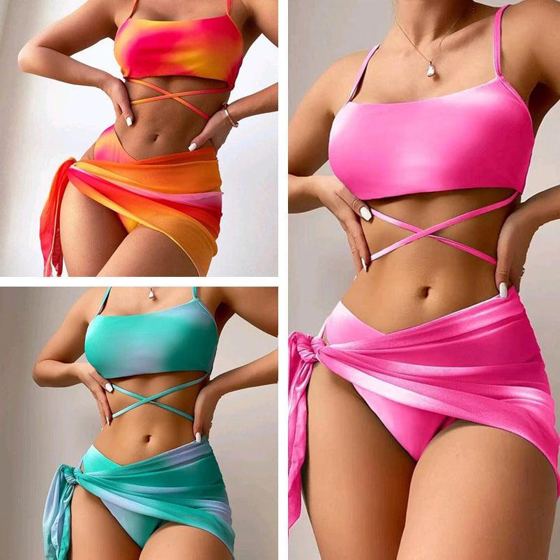 3pcs Tie Dye Print Bikini With Short Skirt Summer Beach Sexy Swimwear Womens Clothing - fadidesign