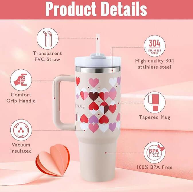 40 Oz Tumbler With Handle Straw Insulated, Stainless Steel Spill Proof Vacuum Coffee Cup Tumbler With Lid Tapered Mug Gifts For Valentine Lover Suitable For Car Gym Office Travel - fadidesign