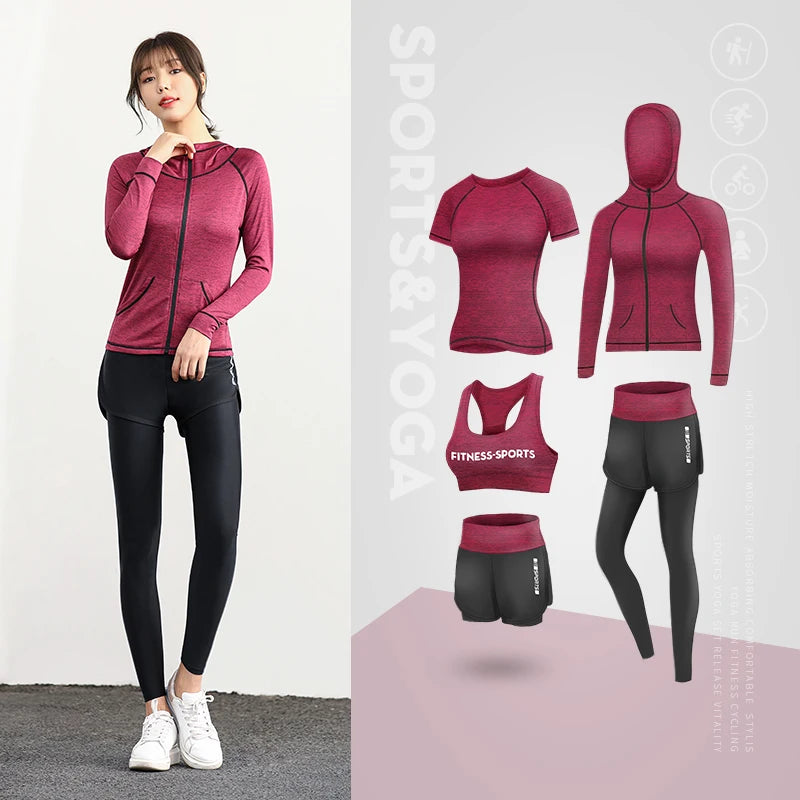 5pcs/set Sport Set Women Sport Suit Yoga Set Gym Workout Clothes Jacket Shirt Bra Short Fitness Seamless Leggings Girls