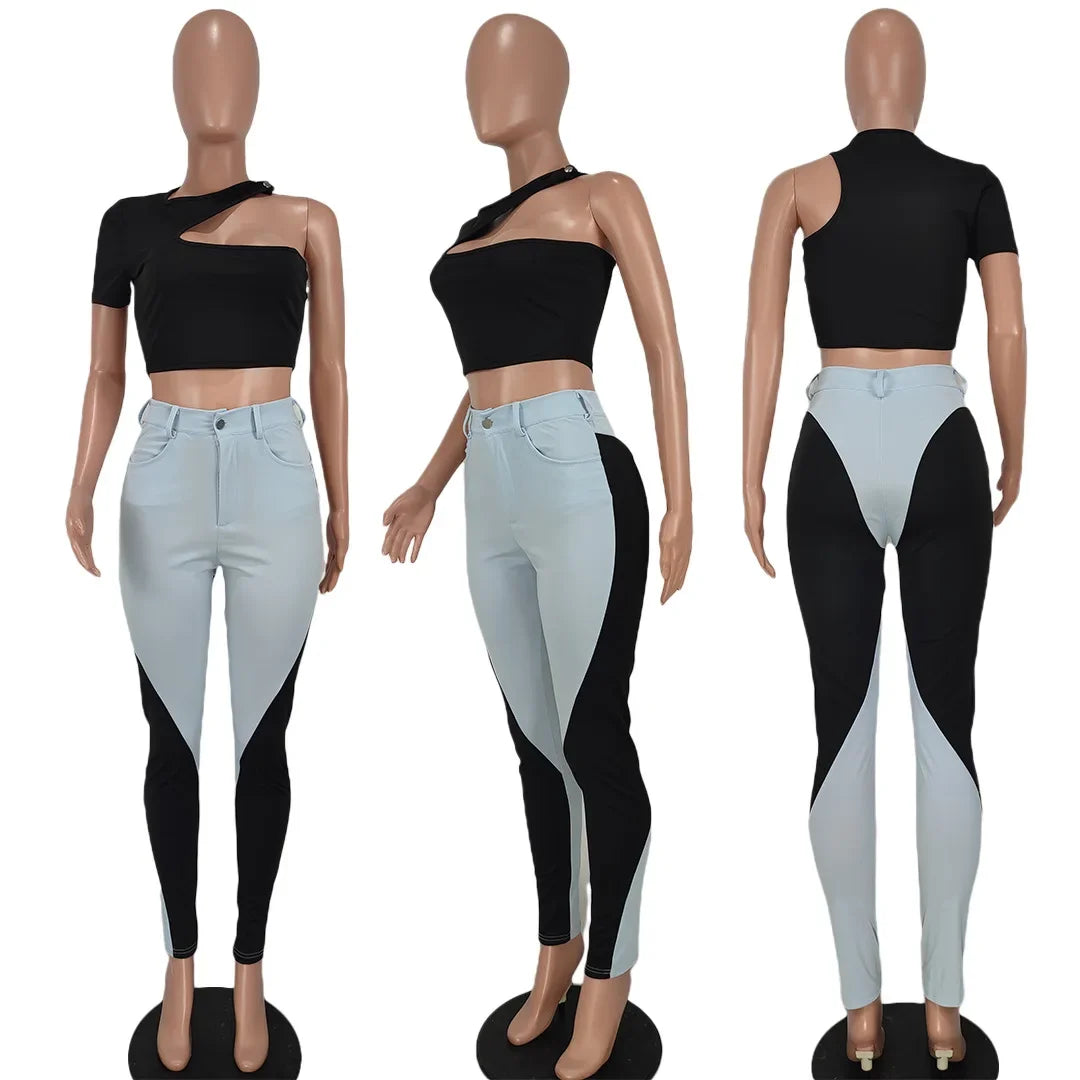 Summer Outdoor Sleeveless Notched Crop Top T Shirt Pant Set Patchwork Jogger Jogging Sports Casual Two Piece Set Women Tracksuit