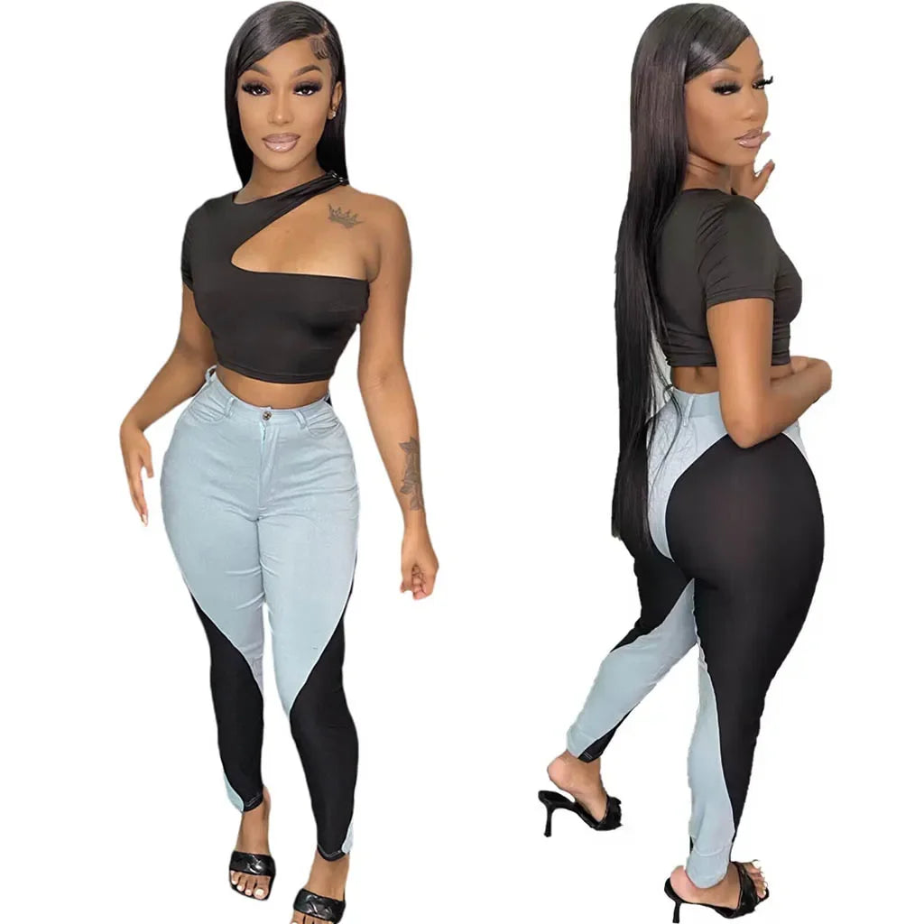 Summer Outdoor Sleeveless Notched Crop Top T Shirt Pant Set Patchwork Jogger Jogging Sports Casual Two Piece Set Women Tracksuit