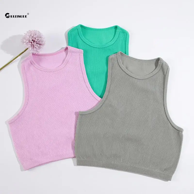 CHRLEISURE Sport Bra Women Rib-Knit Yoga Vest Round Neck Athletic Crop Top Seamless Elastic  Push Up Underwear without Pad