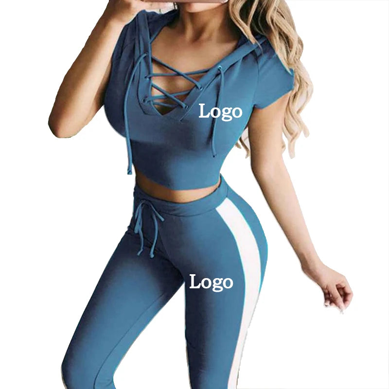 Customize your logo Women's lace-up hooded pants set sexy Slim short-sleeved jogging suit hooded sweatshirt sportswear