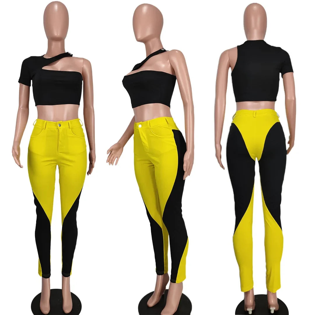 Summer Outdoor Sleeveless Notched Crop Top T Shirt Pant Set Patchwork Jogger Jogging Sports Casual Two Piece Set Women Tracksuit