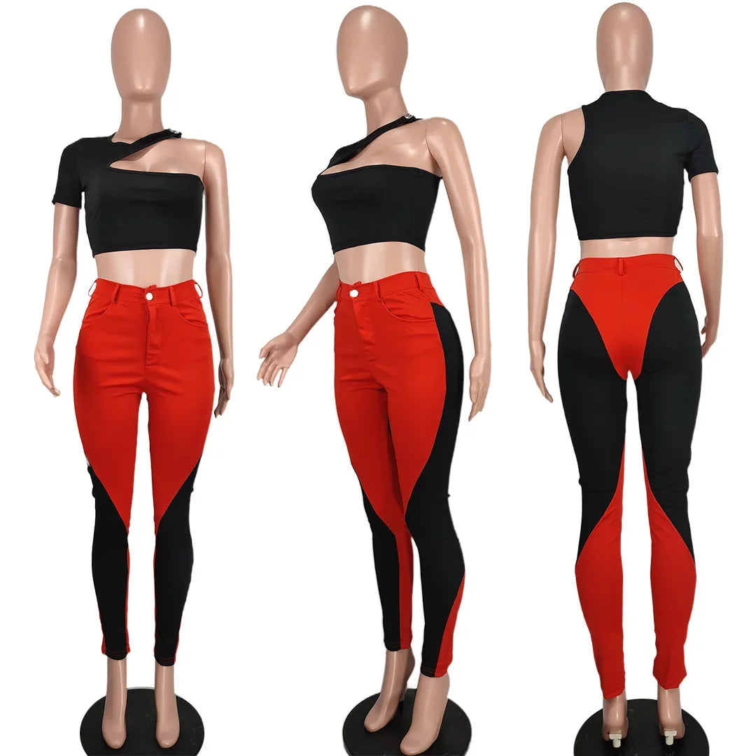 Summer Outdoor Sleeveless Notched Crop Top T Shirt Pant Set Patchwork Jogger Jogging Sports Casual Two Piece Set Women Tracksuit