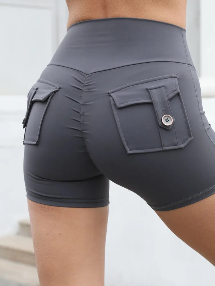 Shorts Women Sport With Pocket Buttocks Fitness Workout High Waist Tights Leggings Push Up Cycling Shorts Scrunch Gym Clothing