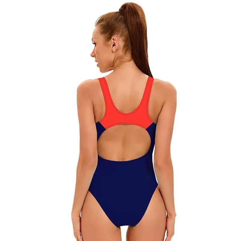 Conjoined body swimsuit women's color blocking sports swimsuit conservative slimming and belly covering