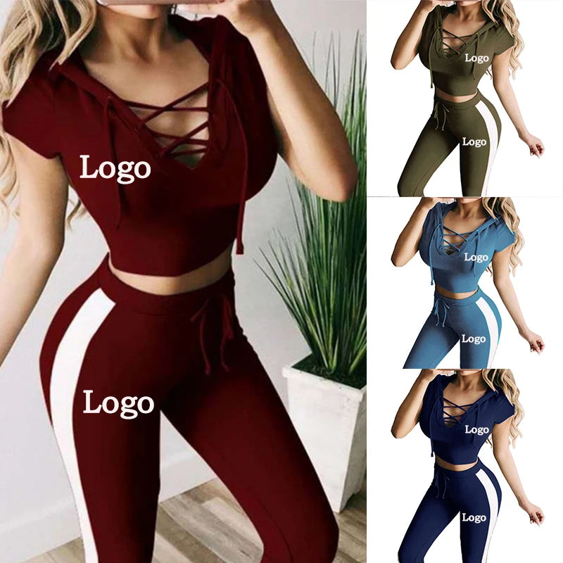 Customize your logo Women's lace-up hooded pants set sexy Slim short-sleeved jogging suit hooded sweatshirt sportswear