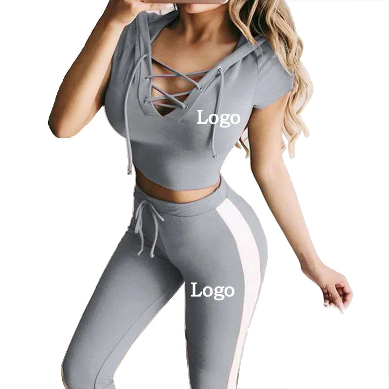 Customize your logo Women's lace-up hooded pants set sexy Slim short-sleeved jogging suit hooded sweatshirt sportswear