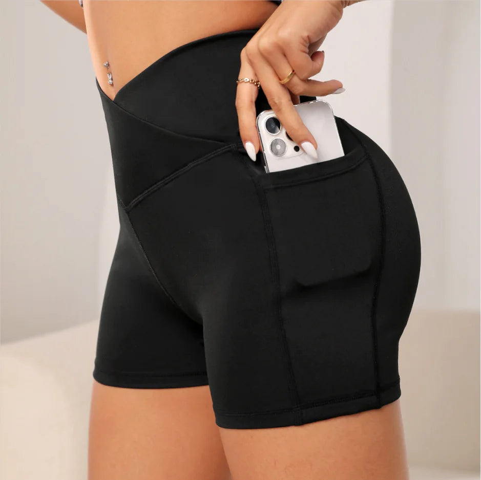 Women High Waist Yoga Sport Biker Shorts for Fitness Cross Waist Pocket Yoga Pant