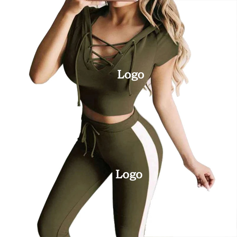 Customize your logo Women's lace-up hooded pants set sexy Slim short-sleeved jogging suit hooded sweatshirt sportswear