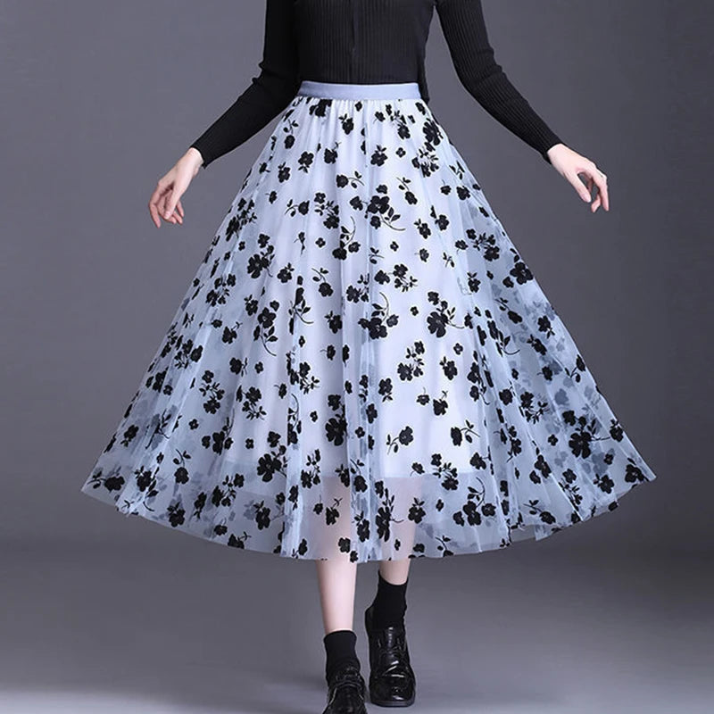 Korean Women Tulle Skirt Fashion Summer Hook Floral Loose Midi Skirt Elegant Female Casual All Match Mesh Skirts New