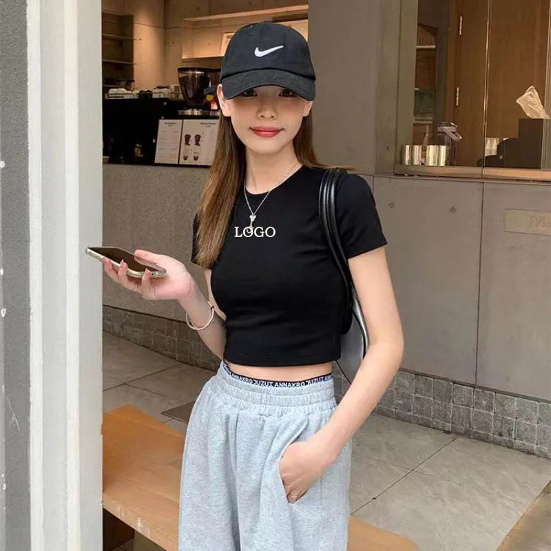 Custom logo short sleeved T-shirt for women's summer new spicy girl slim fit short cotton exposed belly button ins top trendy