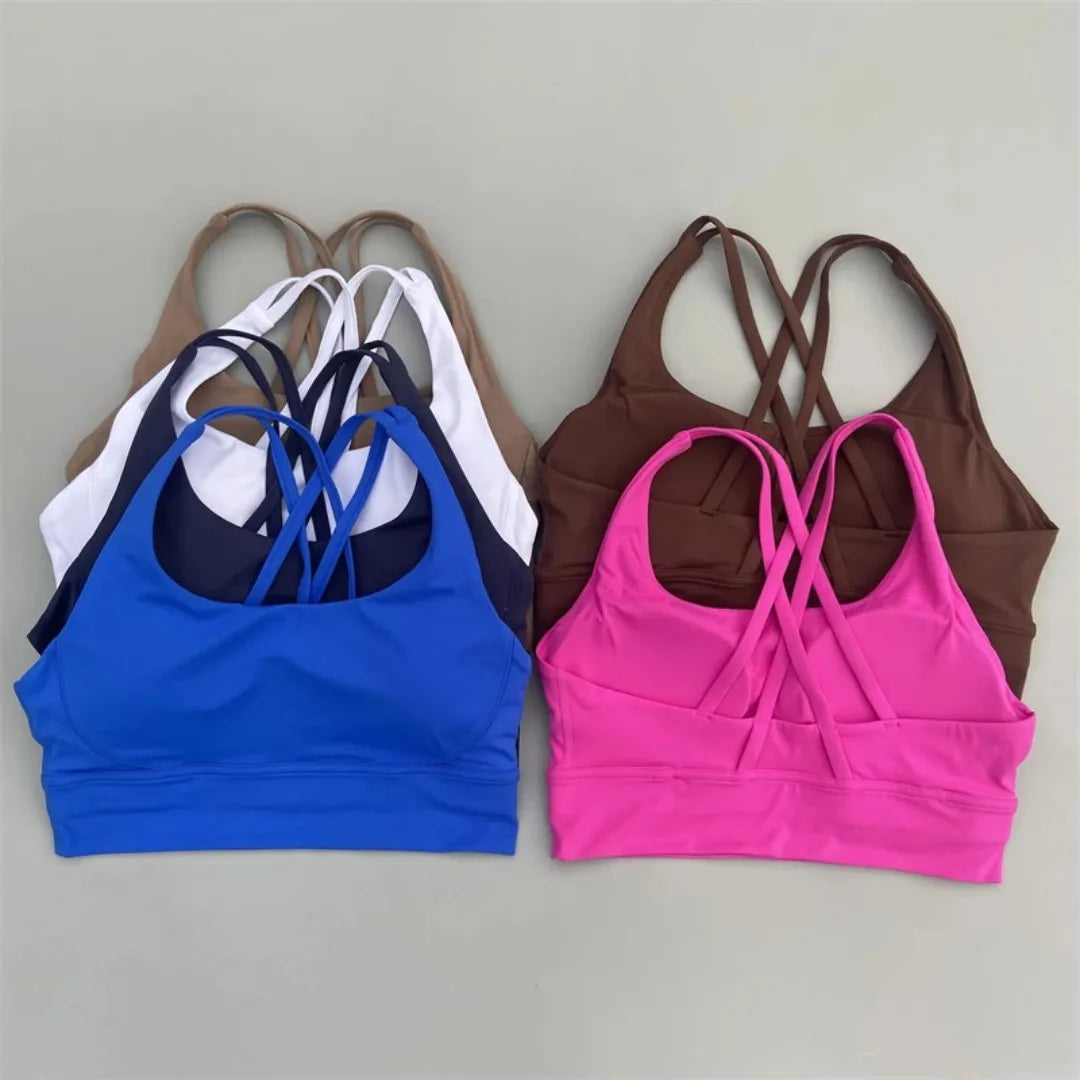 Solid Color Soft Cross Back Women Fitness Bra Tights Yoga Vest High Strength Shockproof Gym Sports Top Push Up With Chest Pad