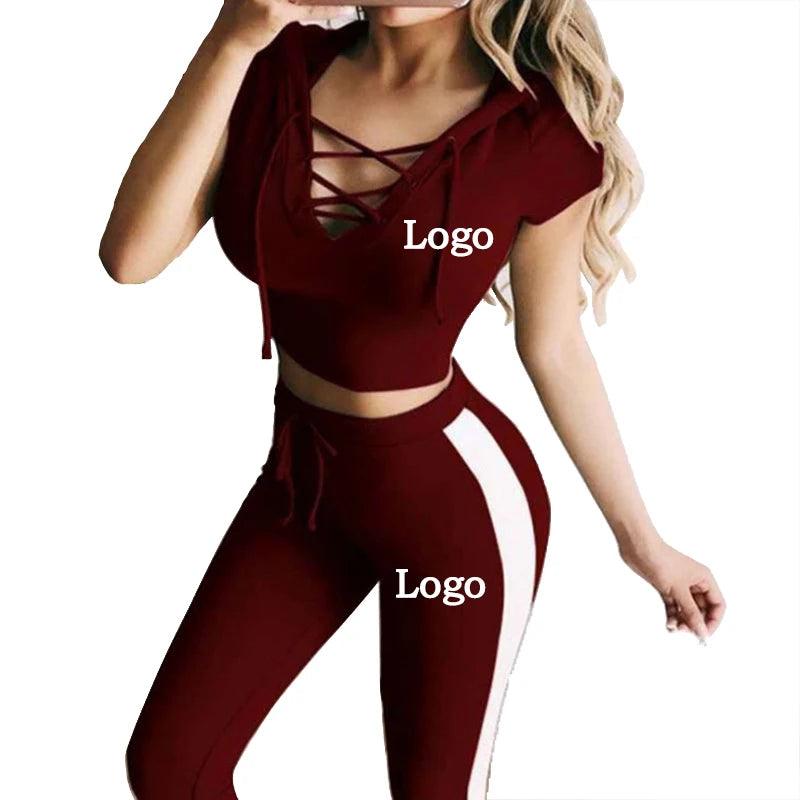 Customize your logo Women's lace-up hooded pants set sexy Slim short-sleeved jogging suit hooded sweatshirt sportswear