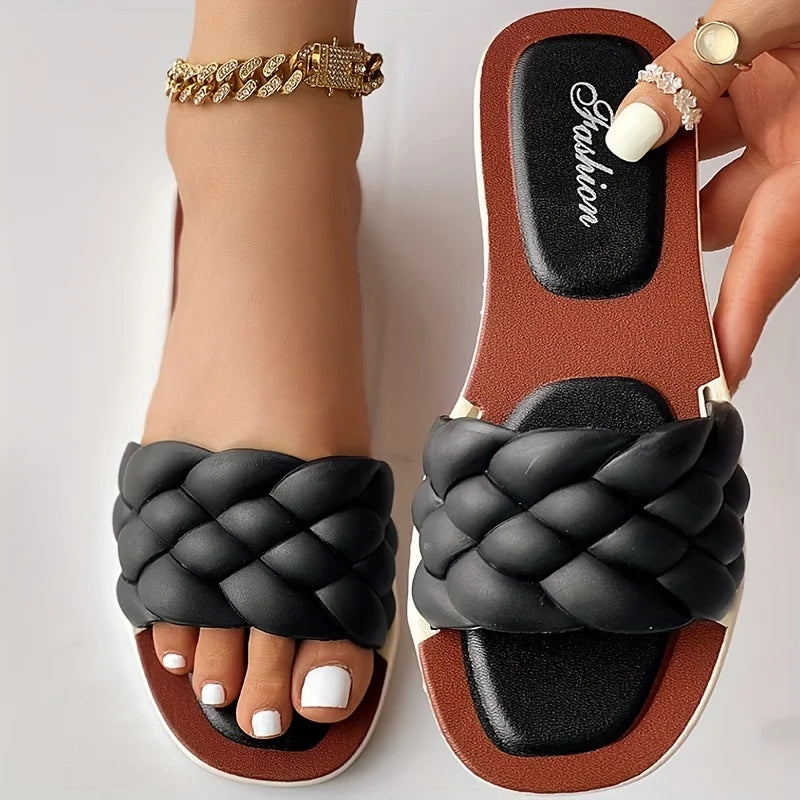 Slippers Women’s Braided Pattern Flat Sandals Slip on Square