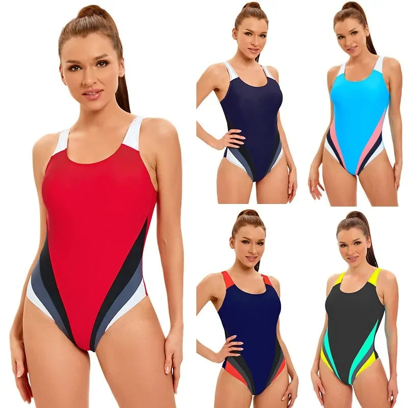 Conjoined body swimsuit women's color blocking sports swimsuit conservative slimming and belly covering