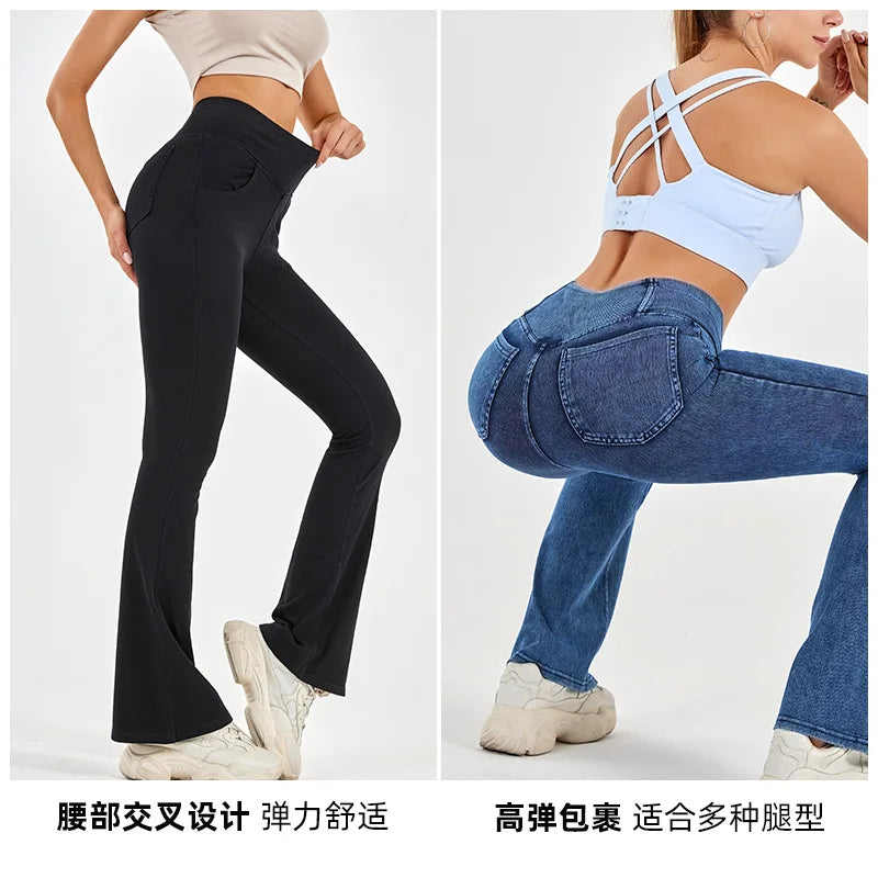 UBNT-Denim yoga fitness flare pants, cross high waist design, high elasticity and hip lifting, suitable for exercise& daily wear