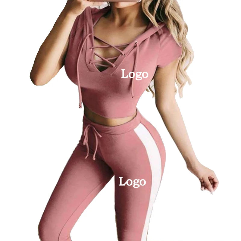 Customize your logo Women's lace-up hooded pants set sexy Slim short-sleeved jogging suit hooded sweatshirt sportswear