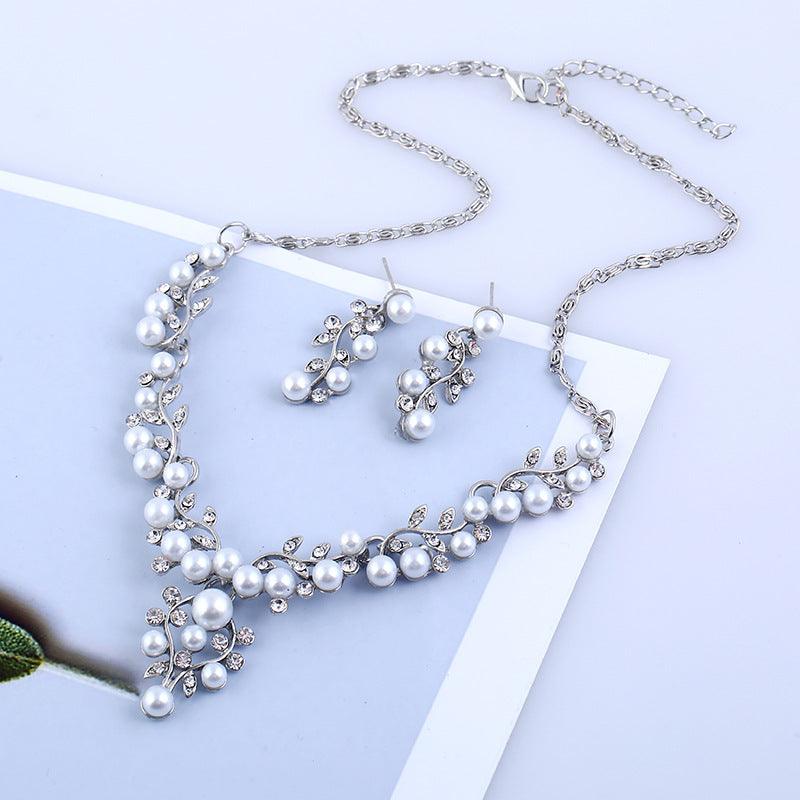 Aliexpress explosion of European and American fashion chain set sweet temperament all-match pearl diamond earrings necklace bride suit - fadidesign