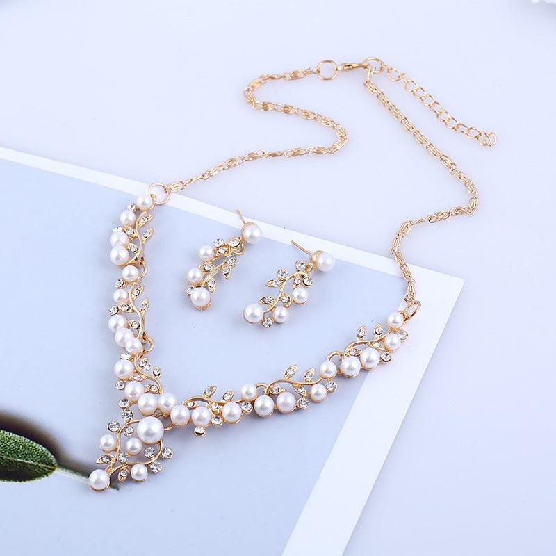 Aliexpress explosion of European and American fashion chain set sweet temperament all-match pearl diamond earrings necklace bride suit - fadidesign