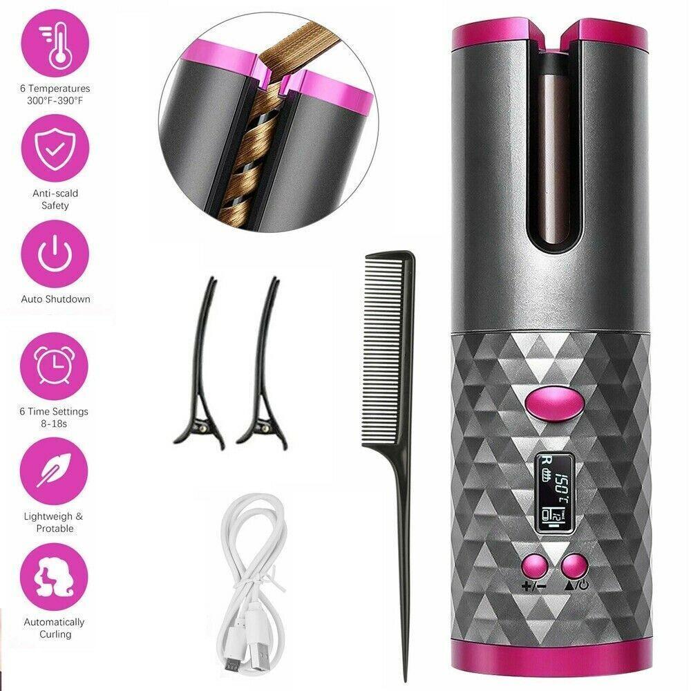 Electric LCD Display Automatic Rotating Cordless Hair Curler Fast Curling Iron Tongs Portable USB Rechargeable With Comb Safe USB Cordless Automatic Rotating Hair Curler Hair Waver Curling Iron - fadidesign