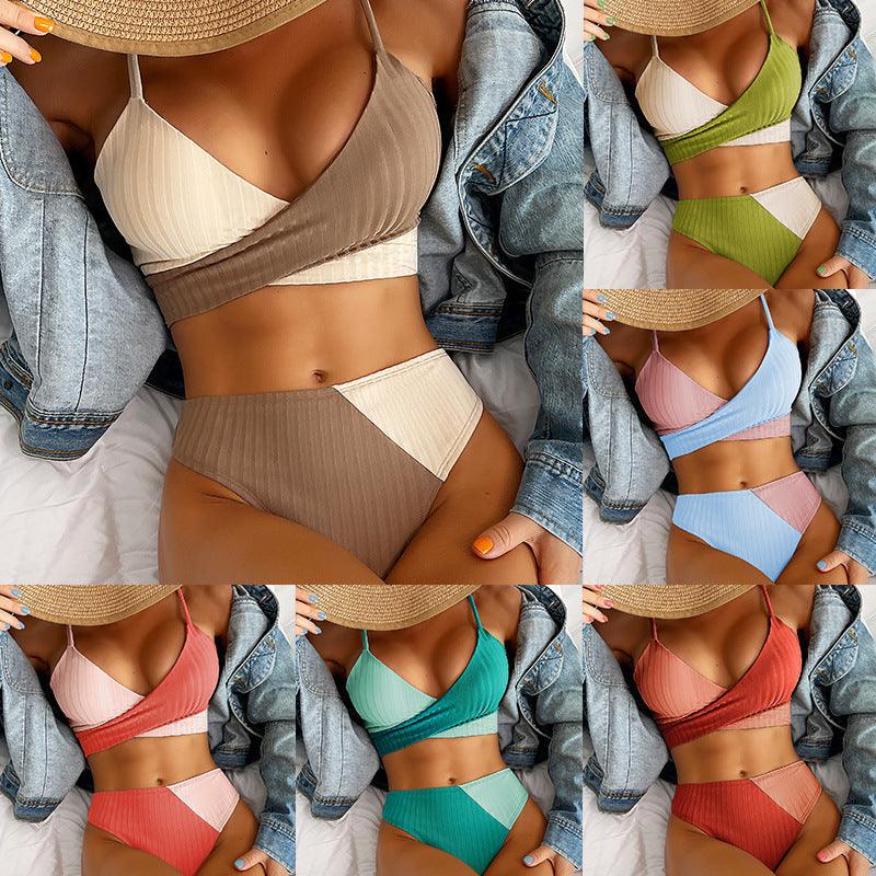 Bikini Patchwork Swimwear Ribbed Women's Swimsuit Knot Back Beachwear Ruched Butt Biquinis Bathing Suits - fadidesign