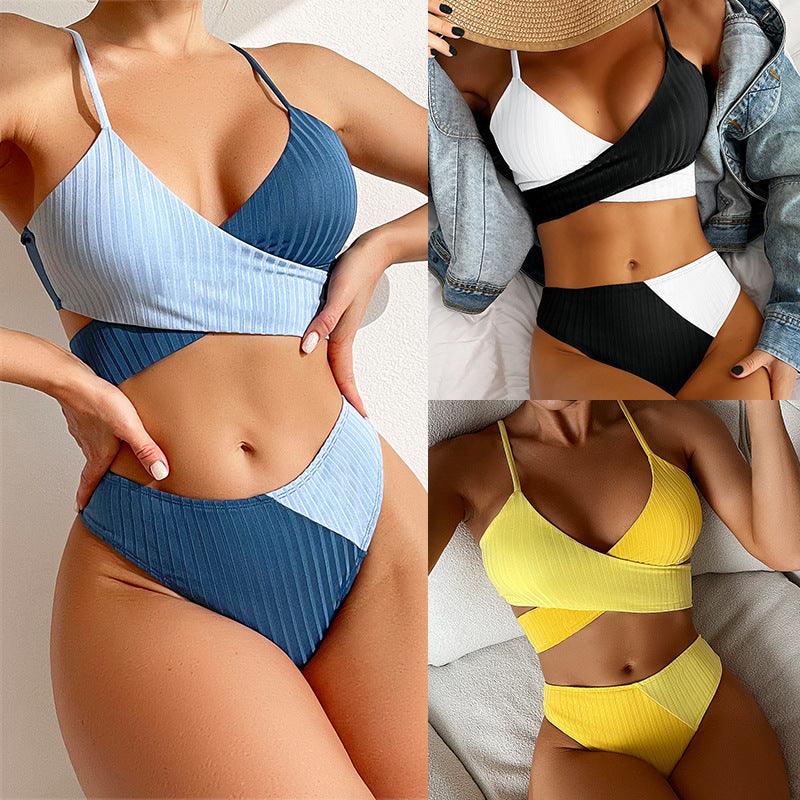 Bikini Patchwork Swimwear Ribbed Women's Swimsuit Knot Back Beachwear Ruched Butt Biquinis Bathing Suits - fadidesign