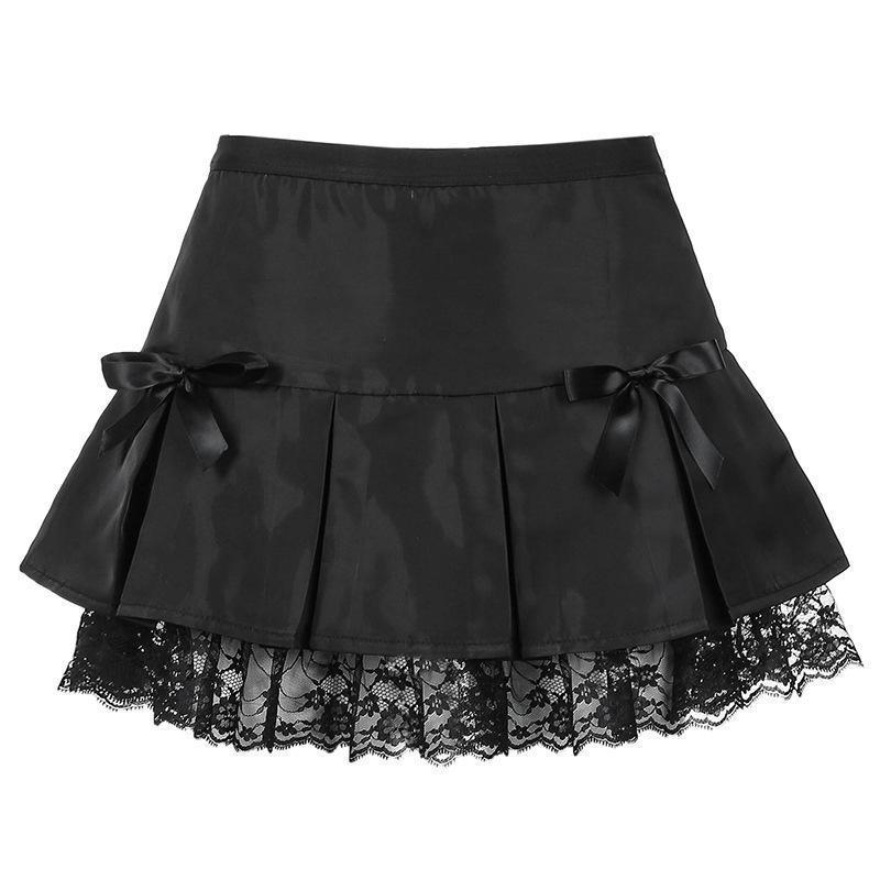 Black Goth Aesthetic Pleated Skirts Women Lace Trim Dance - fadidesign