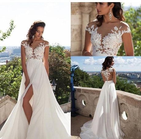 Bohemian wedding dress A word applique floor length chiffon bride dress custom side elegant wedding dress - fadidesign