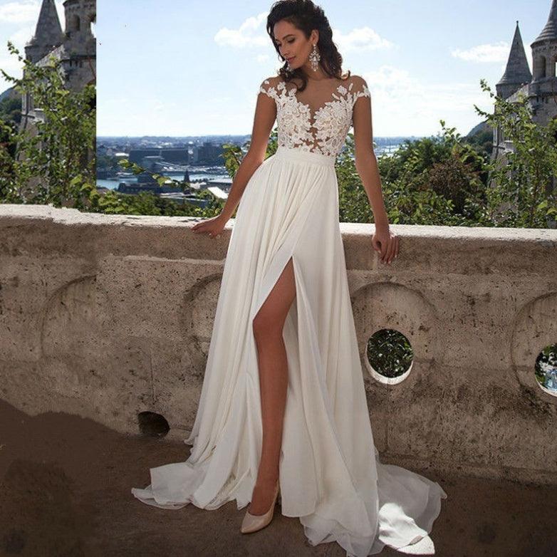 Bohemian wedding dress A word applique floor length chiffon bride dress custom side elegant wedding dress - fadidesign