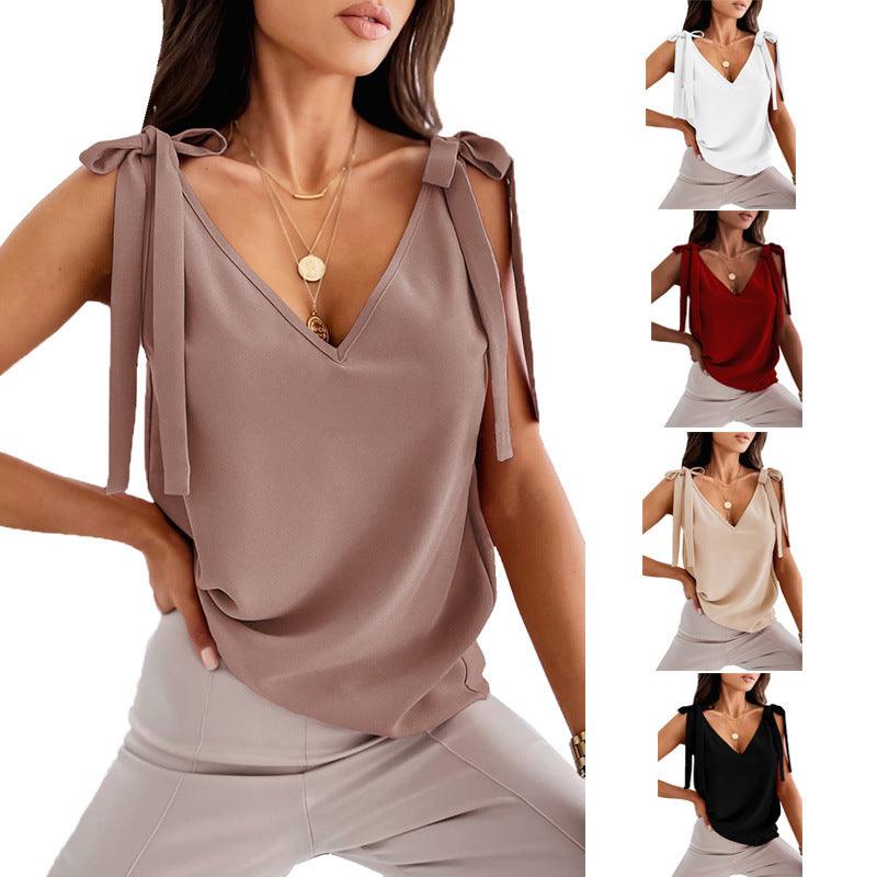 Bowknot Tie Up Camisole V-neck Shirts Women Summer Sleeveless Tank Tops - fadidesign