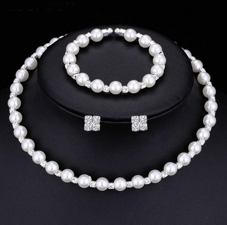 Bridal bridal accessories 8MM handmade pearls, Rhinestone necklaces, necklaces, bracelets, earrings, three sets of suits - fadidesign