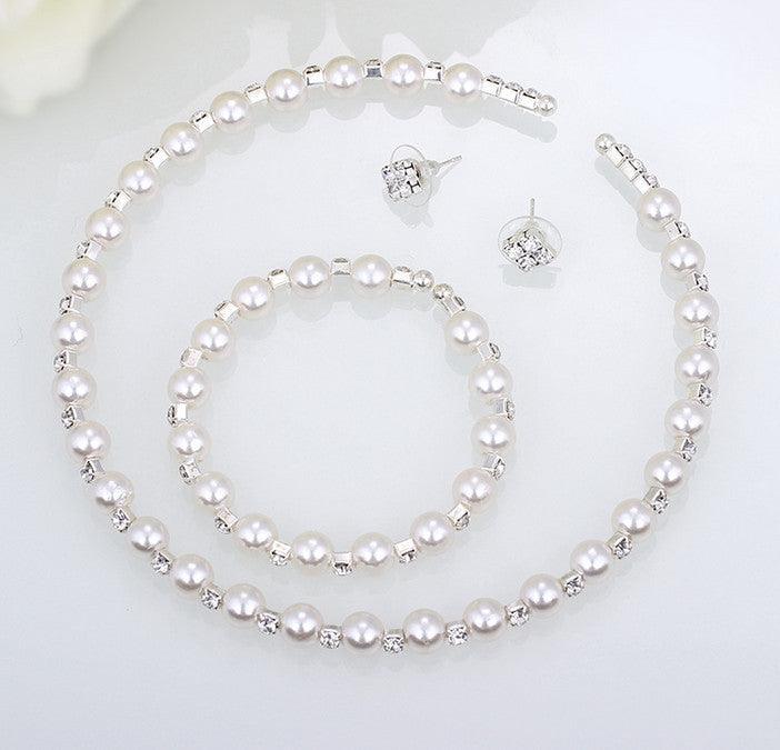 Bridal bridal accessories 8MM handmade pearls, Rhinestone necklaces, necklaces, bracelets, earrings, three sets of suits - fadidesign