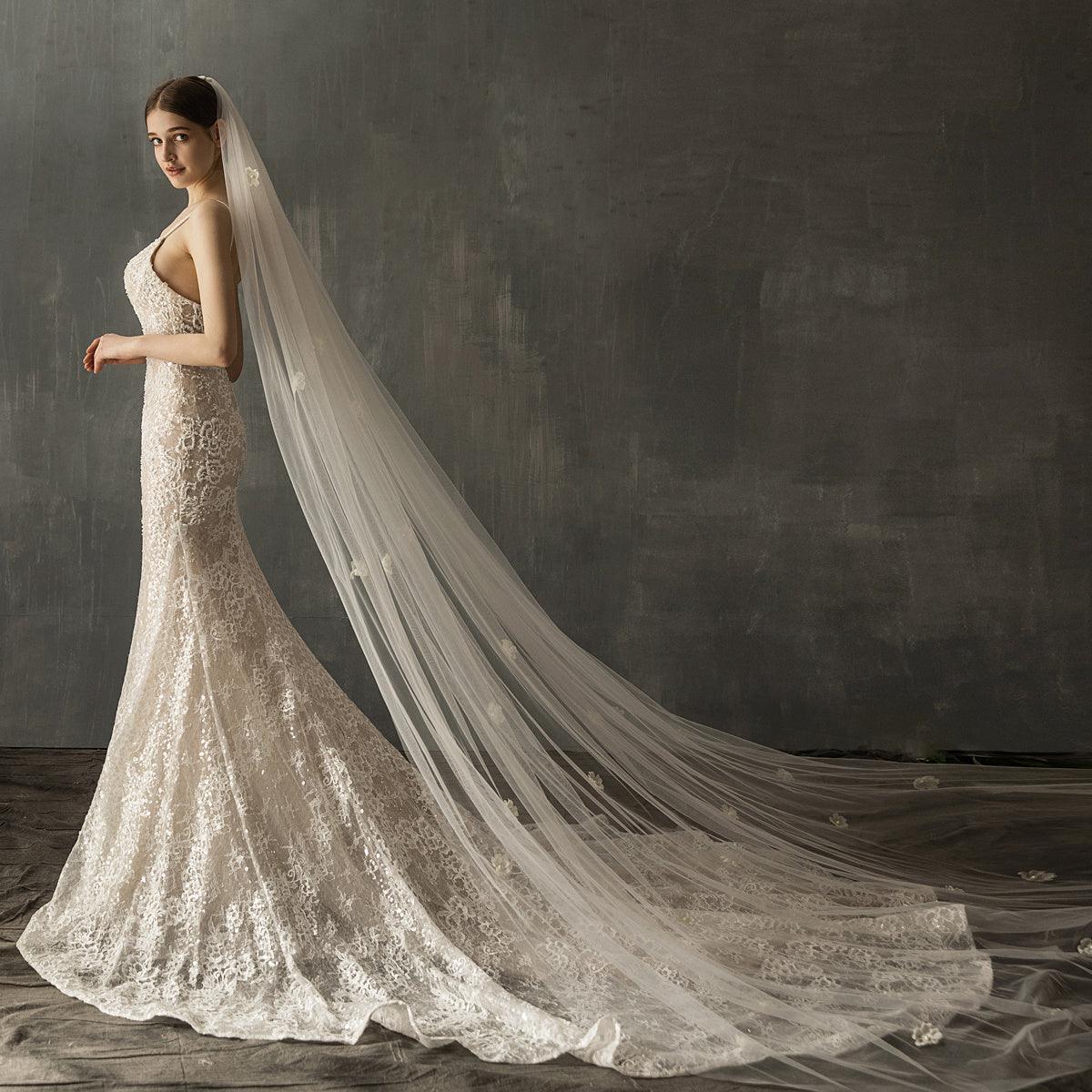 Bridal Church Wedding Pearl Long Tail Tulle - fadidesign