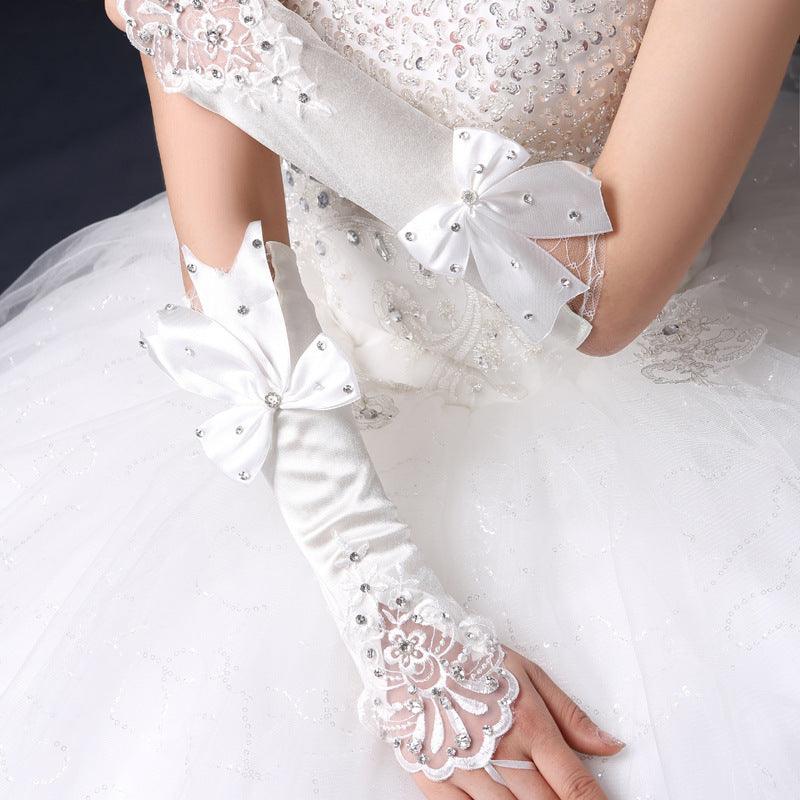 Bridal Gloves Wedding Hook Finger Flower Bow Lace Hollow Sleeves - fadidesign